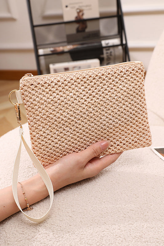 Beige Woven Zipper Wrist Strap Square Handbag