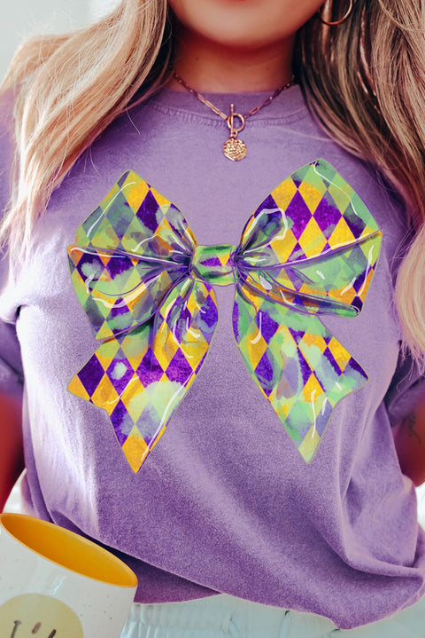 Wisteria Mardi Gras Bowknot Pattern Crew Neck T Shirt