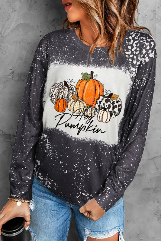 Black Leopard Bleached Pumpkin Graphic Long Sleeve Top