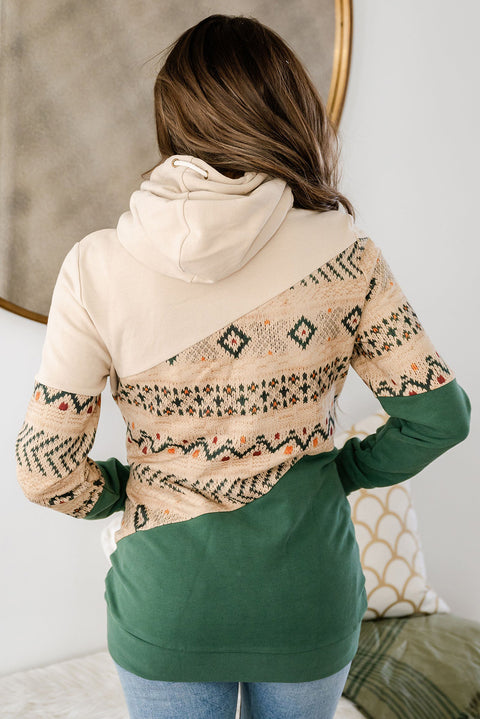 Blackish Green Geometric Color Block Patchwork Hoodie