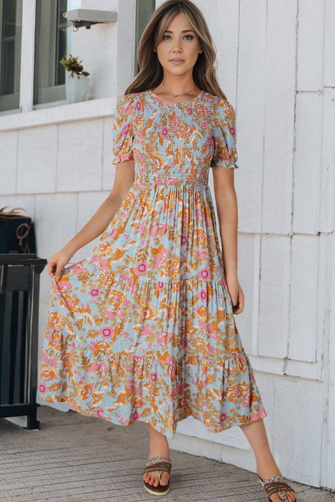 Sky Blue Floral Bubble Sleeve Smocked Flowy Ruffle Dress