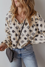 White Printed Split Neck Bubble Sleeve Loose Blouse