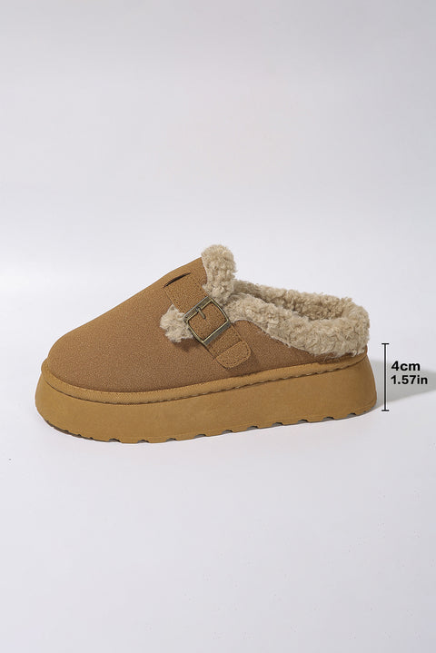 Brown Plush Patched Buckle Decor Thick Sole Thermal Slippers