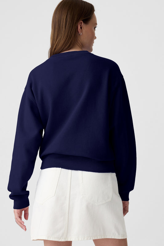 Navy Blue Solid Fleece Lined Drop Shoulder Terry Sweatshirt