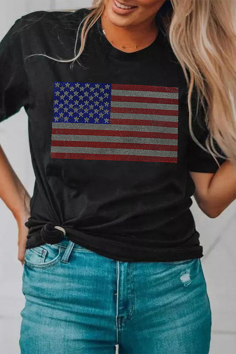 Black Rhinestone American Flag Round Neck Casual Tee