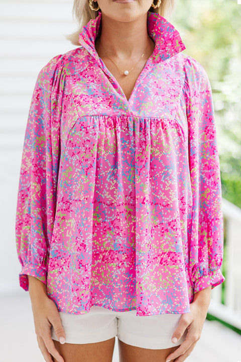 Purple Plus Size Floral Print Puff Sleeve V Neck Blouse