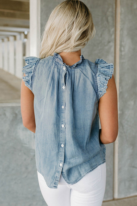 Beau Blue Frilly Pleated Button Back Retro Chambray Top