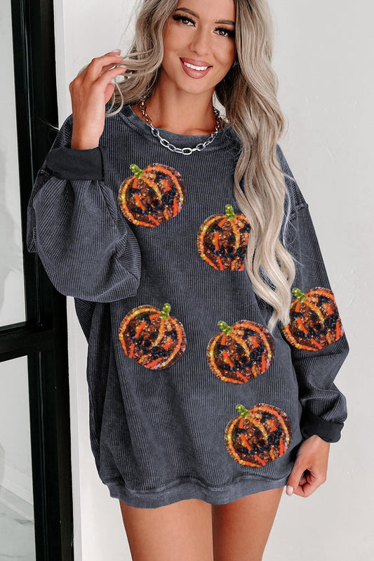 Black Sequined Jack O Lantern Corded Baggy Sweatshirt