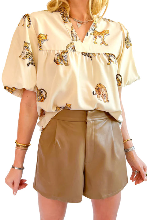 Apricot Cheetah Printed Split Neck Puff Sleeve Blouse