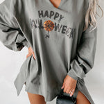 Medium Grey Sequin Happy Halloween Graphic Notched Neck Long Sleeve Loose Top