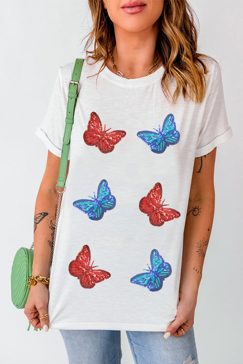 White Sequined Butterfly Graphic Casual T Shirt