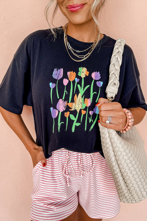 Black Floral Print Crewneck T Shirt