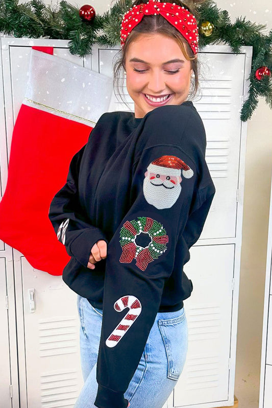 Sudadera con cuello redondo y lentejuelas con estampado navideño negro