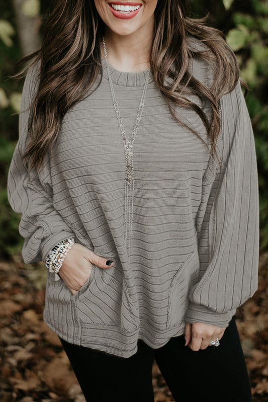 Gray Ribbed Side Pockets Long Sleeve Plus Size Top