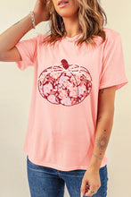 Pink Floral Pumpkin Print Crew Neck Casual T Shirt