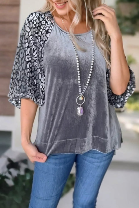 Medium Grey Leopard Splicing Lantern Sleeve Velvet Blouse