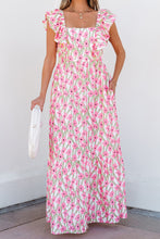 Pink Floral Print Square Neck Ruffled Strap Maxi Dress