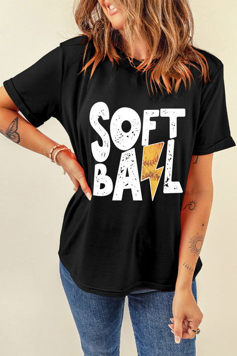 Black SOFT BALL Chic Letter Graphic T Shirt