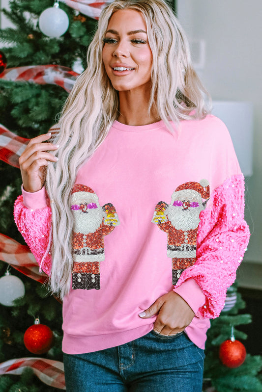 Pink Double Santa Claus Christmas Sequin Long Sleeve Top