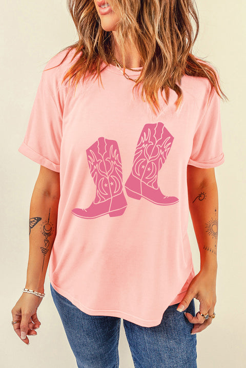 Pink Western Cowboy Boots Print Round Neck T Shirt