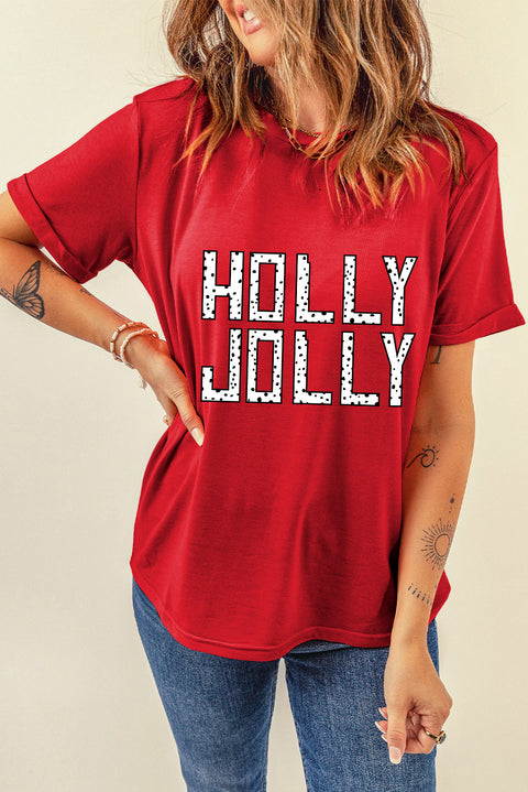 Red HOLLY JOLLY Letter Graphic Round Neck T Shirt