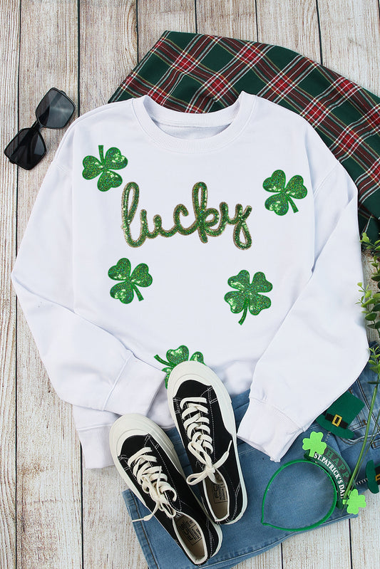 White lucky Clover Sequin Graphic Drop Shoulder Sweatshirt