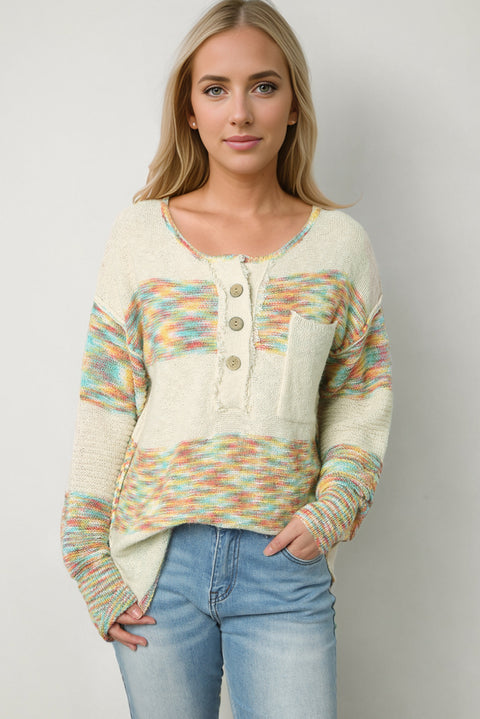 Multicolor Space Dye Henley Knit Sweater