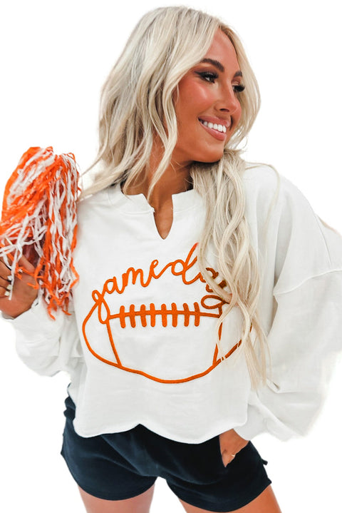 Bright White Game Day Lettering Rugby Notched Neck Sweatshirt