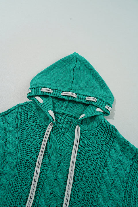 Sea Green Cable Knit V Neck Contrast Drawstring Hooded Sweater