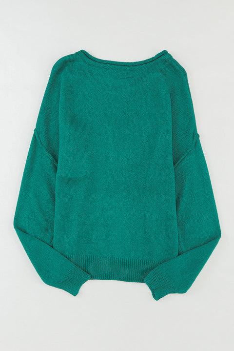 Green Solid Color Off Shoulder Rib Knit Sweater with Pocket