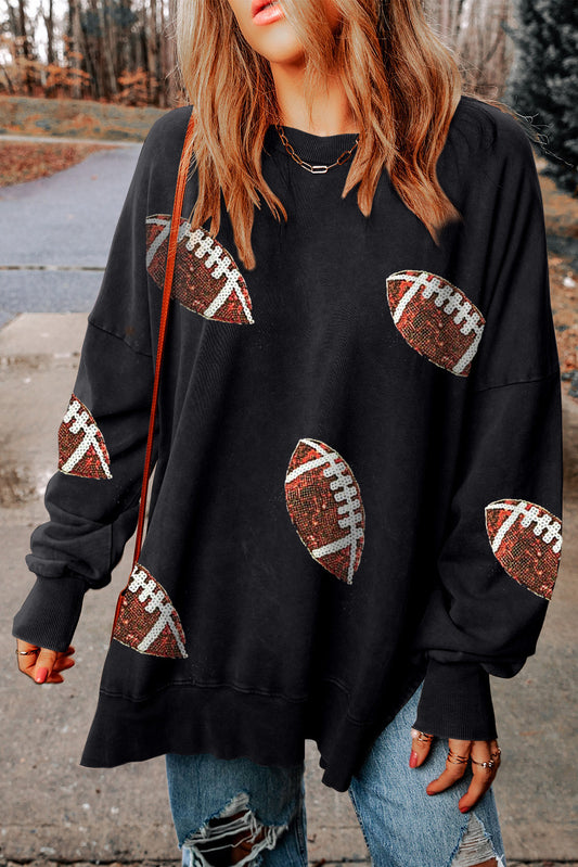 Black Rugby Print Side Split Loose Fit Sweatshirt