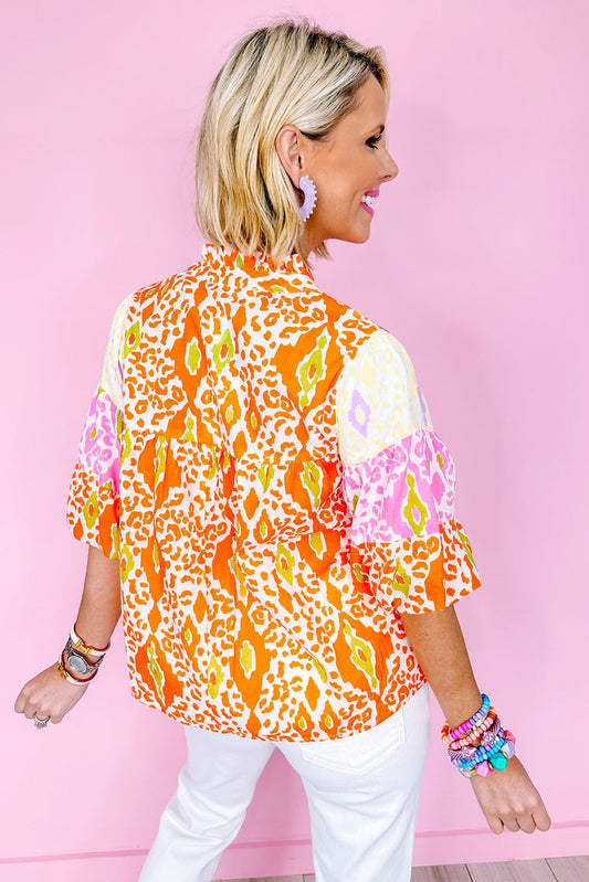 Orange Leopard Colorblock Puff Sleeve Split Neck Blouse