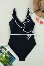 Black Color Contrast Ruffled Wrap V Neck Swimsuit