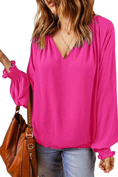 Blusa plisada con cuello en V y mangas abullonadas morada 