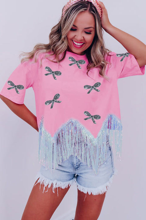 Pink Sequined Bow Knot Fringed Round Neck T Shirt