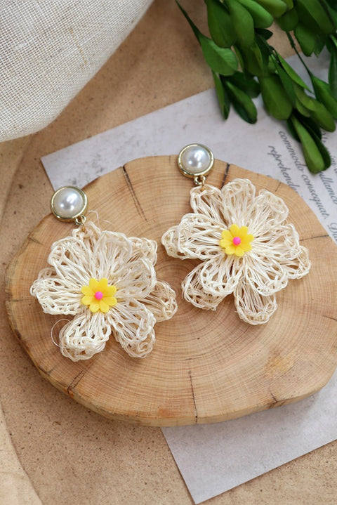 White Large Flower Crochet Pearl Stud Earrings