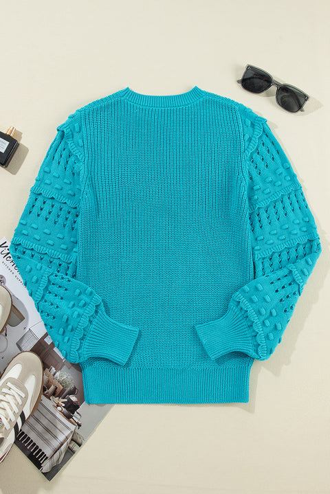 Turquoise Ruffled Eyelet Bubble Sleeve Sweater