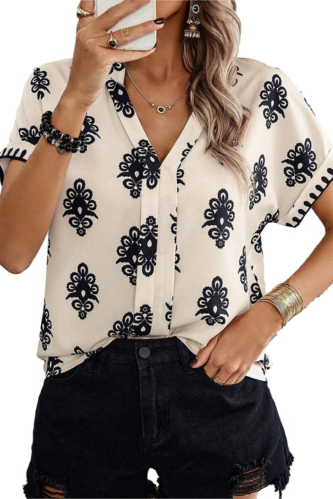 Black Geometric Print Short Sleeve V Neck Blouse