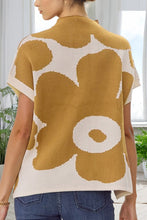 Camel Big Flower Pattern Stand Neck Short Sleeve Sweater