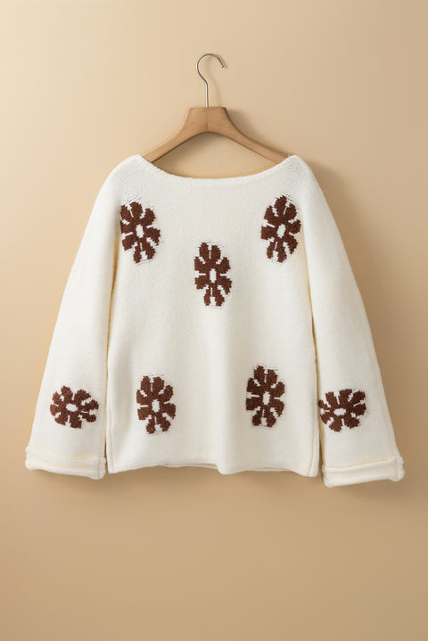 White Colorblock Floral Pattern Round Neck Sweater