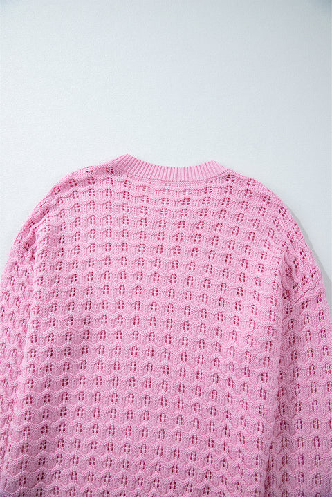 Pink Crochet Knit Drop Shoulder Sweater