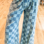 Dusk Blue Checkered Denim Wide Leg Jeans