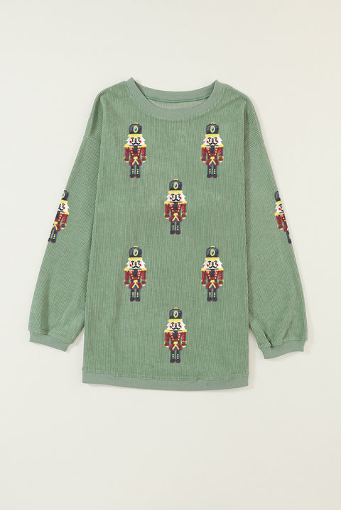 Grass Green Christmas Nutcracker Graphic Corded Pullover Sweatshirt