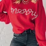 Fiery Red Pearl Beaded Merry Casual Sweater