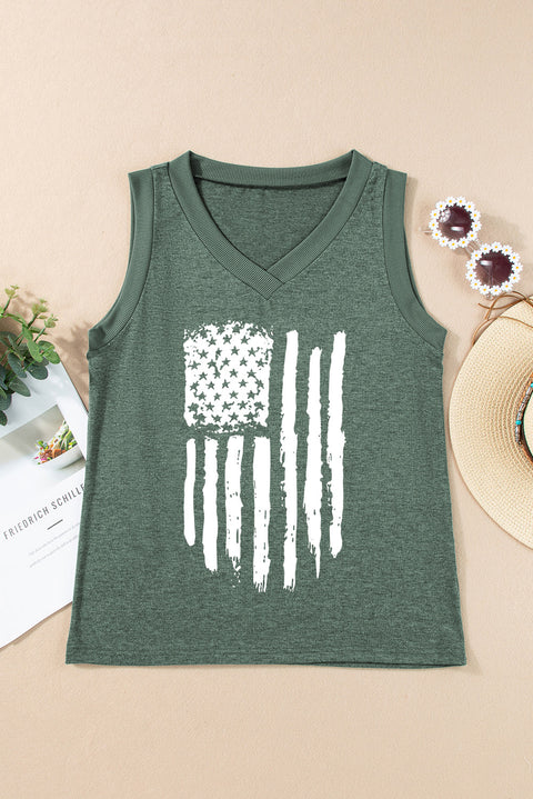 Mist Green Frayed American Flag Printed V Neck Tank Top