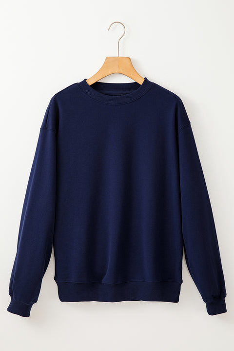 Navy Blue Solid Fleece Lined Drop Shoulder Terry Sweatshirt