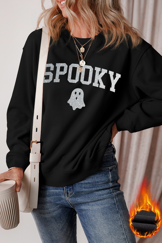 Black Glitter SPOOKY Ghost Pattern Crew Neck Halloween Sweatshirt