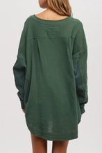 Green Textured Waffle Knit Patchwork Buttoned Neck Loose Blouse