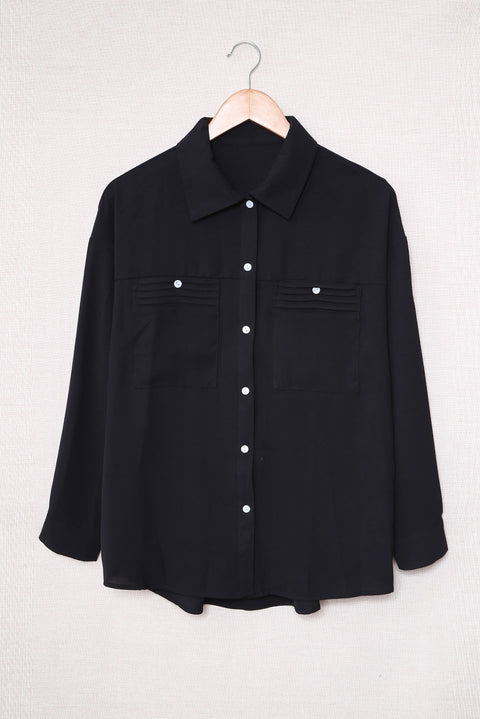 Solid Pocket Long Sleeve Button-up Shirt