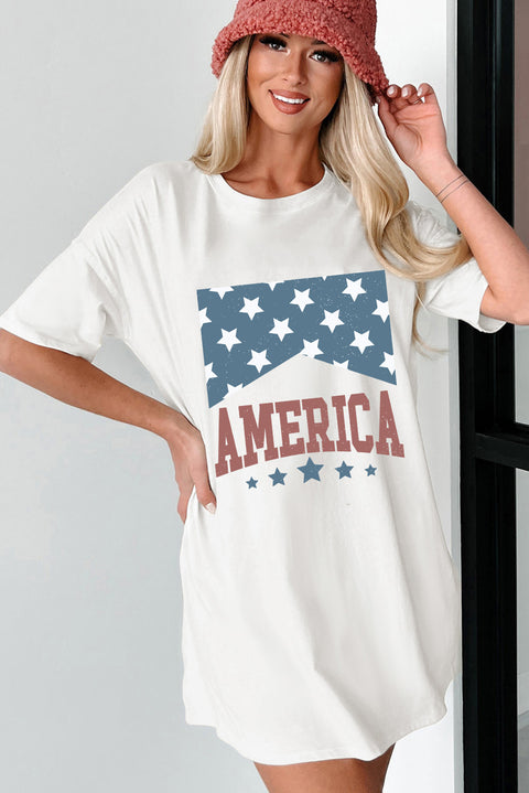 White AMERICA Stars Print Round Neck Oversized T Shirt